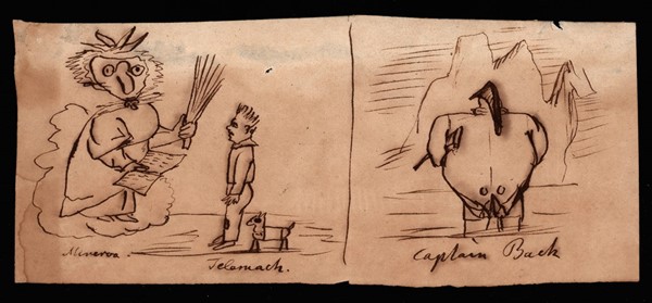 H.C. Andersen-tegning: To humoristiske tegninger. A) Minerva og Telemach, B) Captain Back (Tegning i blæk og blyant)